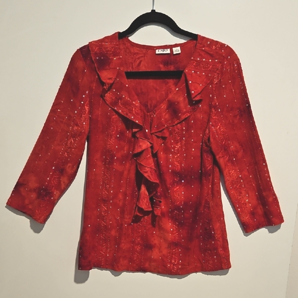 CATO Bright red tie dye sequin ric rack top tunic Med. Casual